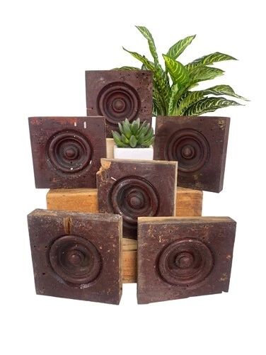 6 Plinth Blocks, Antique Bullseye Rosettes, Architectural Salvage Wood Trim C79,