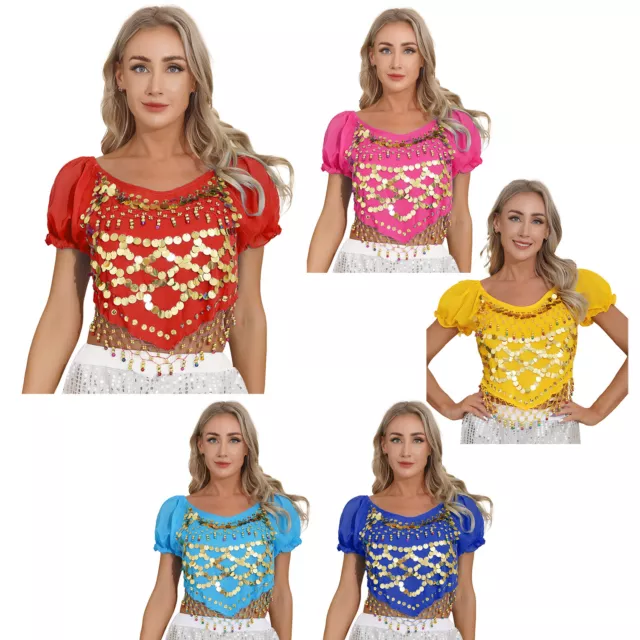 Womens Belly Dance Tops Sparkly Theme Party Dress Up Lace-Up Back Crop Top