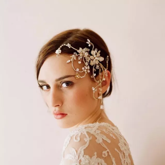 Bridal Wedding Gold Crystal Rhinestone Two Flower HairComb Headpiece Fascinator