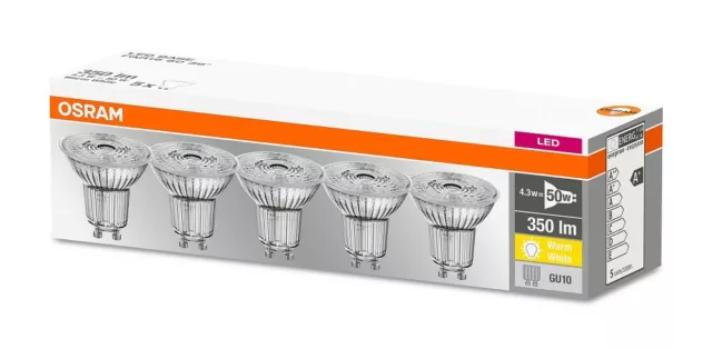 Set 5x OSRAM LED Lampe BASE PAR16 GU10 Strahler 36° 2700K warmweiß 4.3W (50W)