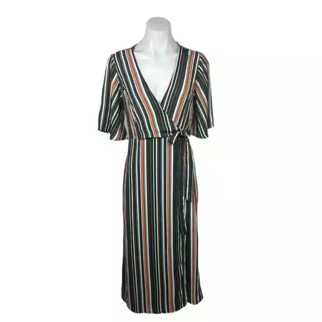 Forever 21 Green Orange Striped Faux Wrap Surplice Short Sleeve Midi Dress Sz S