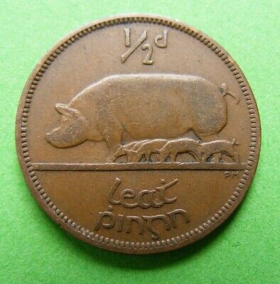Irish 1949 Half Penny Coin Scarcer Year Old Vintage Ireland 1/2d Pig Piglets