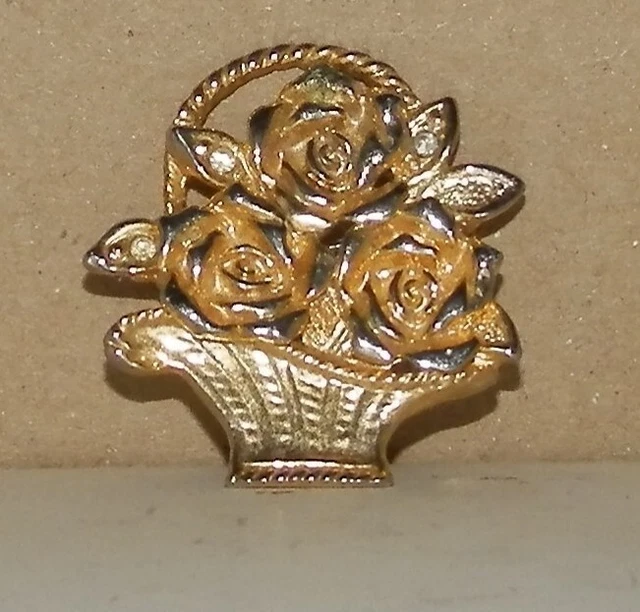 Broche Vintage Panier De Fleurs - Perles De Verre Et Métal Doré - Bijou Ancien De Caractère
