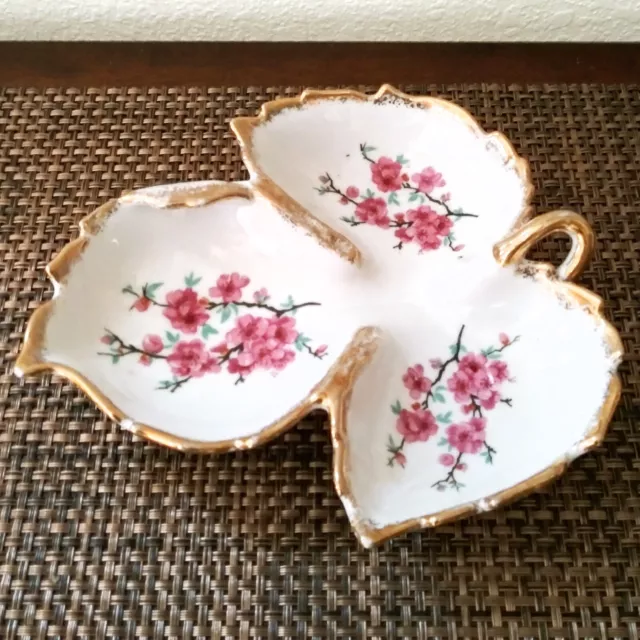 3 Section Leaf Dish Nut Candy Porcelain Cherry Blossom Floral Gold Trim Japan