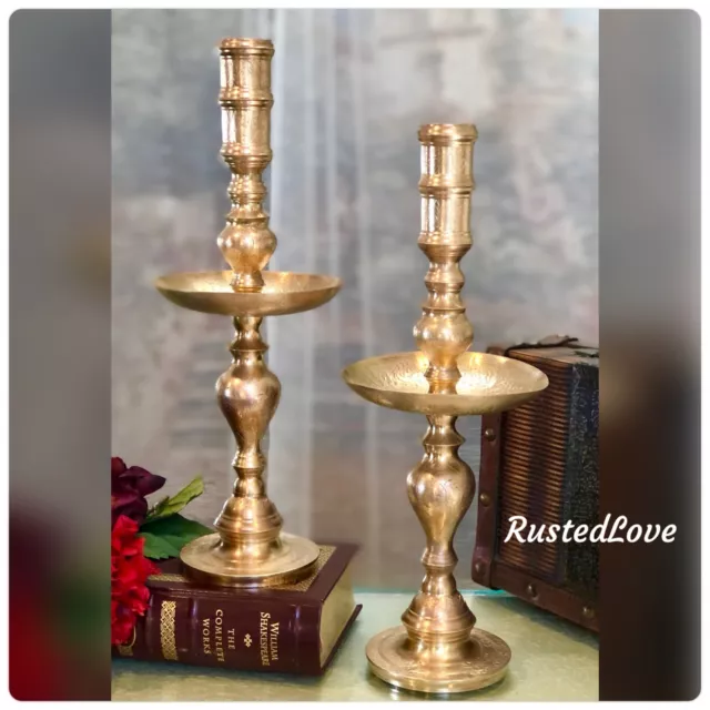 Brass Candle Holders Etched / Drip Pans Large pillar candle sticks 17.5" - Pair*