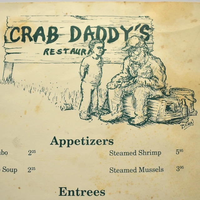1980S CRAB DADDY'S Seafood Grill Restaurant Menu St Simons Island