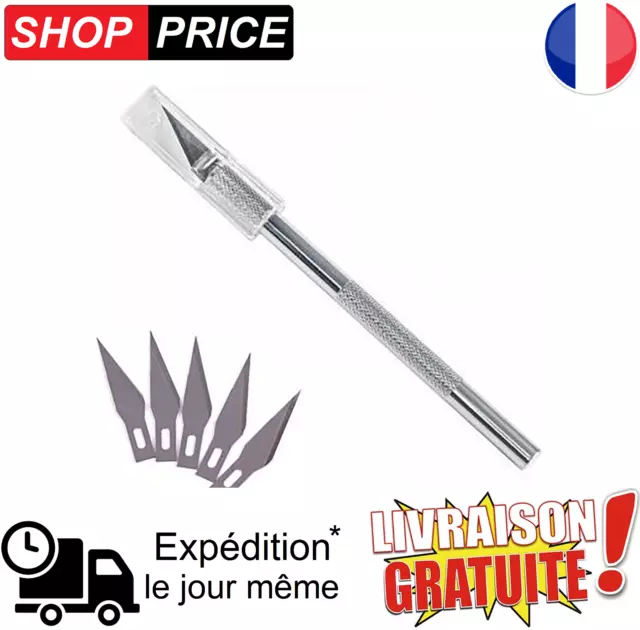 Scalpel cutter de précision aluminium résistant + 5 lames de rechange NEUF