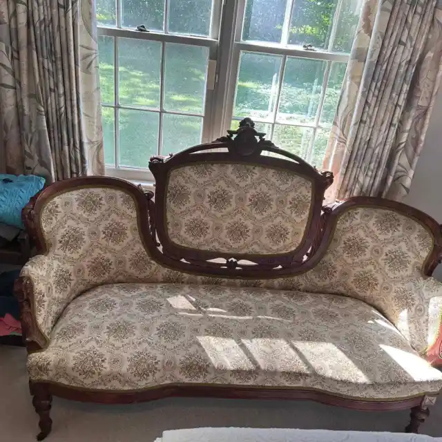 Vintage Victorian Ivory and Green Floral Sofa Settee