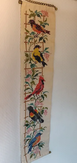 VTG Completed Cross Stitch Bell Pull From 1982 Columbia Minerva Song Birds 30" L