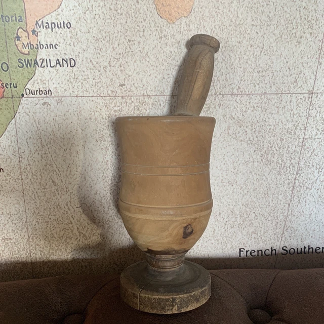 Ancien Mortier Et Pilon En Bois Tourné - Outil Herboristerie Vintage Déco