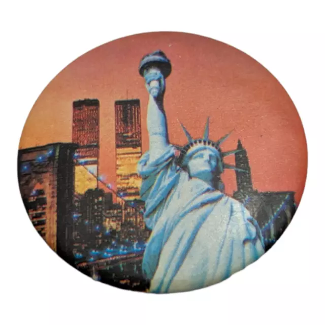 Vintage Statue Of Liberty Twin Towers New York Skyline 2" Button Pin Pinback