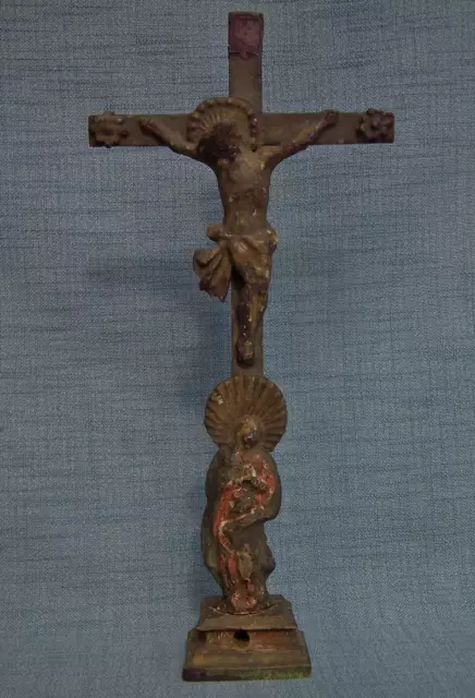 Antique 17th 18th Century Spanish Colonial Polychrome Wood Crucifix Cross Santos