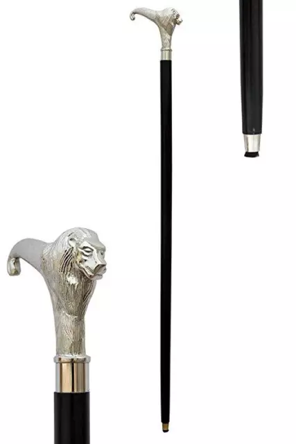 Brass Nautical Wooden Walking Stick Cane Lion Head Handle Chrome Finish 36" Gift