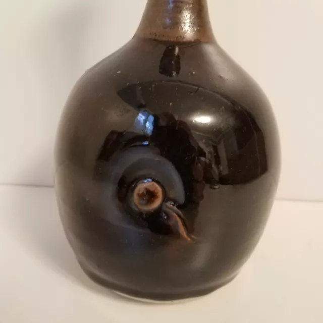 Mid Century Modern Art Pottery Vase Long Neck Bulbous Base Signed Glossy Brown 3