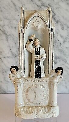 Antique Staffordshire Titled John Wesley on Pulpit with Angels Clock 19thC