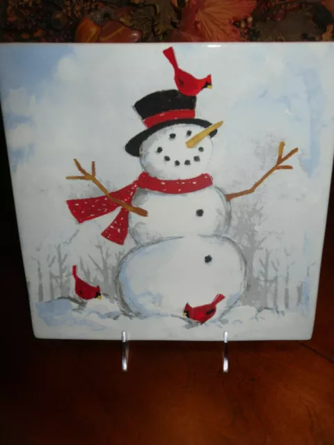 Christmas Winter Cheer Snowman Dinner Plates Set/4 Square Red Bird 222 Fifth