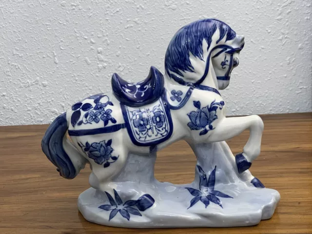 Vintage Blue And White Chinoiserie Porcelain Horse with Saddle Statue Beautiful