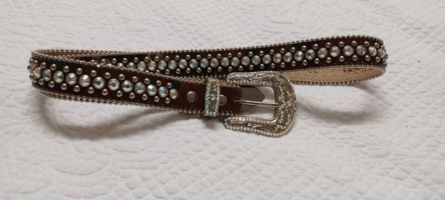 bb simon Belt Women’s Western Style Brown/White Hair Swarovski Crystals Pink