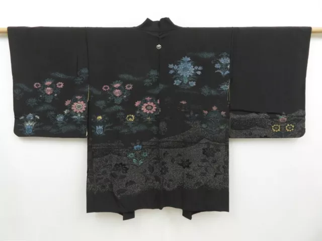 2805T05z650 Vintage Japanese Kimono Silk HAORI Flowers Black