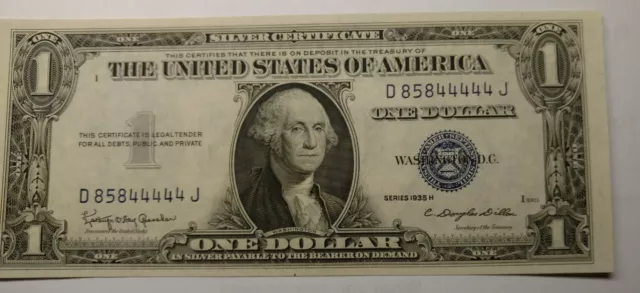 1935 H Silver Certificate Crisp and the serial # has {5} 4's {2} 8's and {1} 5
