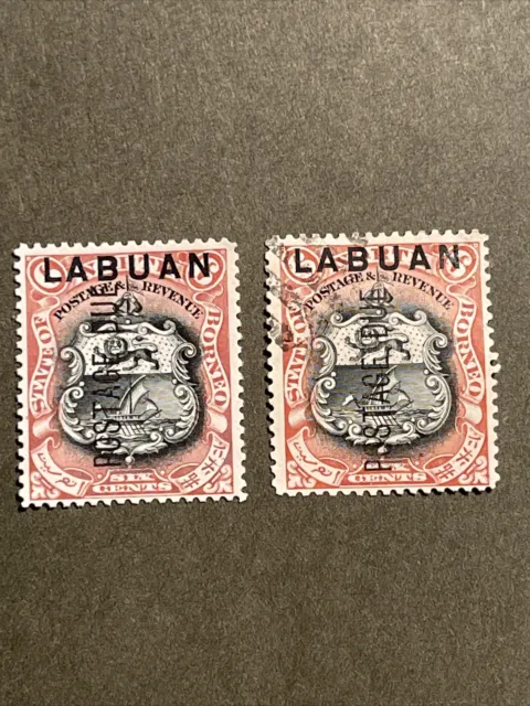 North Borneo Overprinted LABUAN POSTAGE DUE 6C Stamps, 1 MNG, 1 Cancelled Hinged