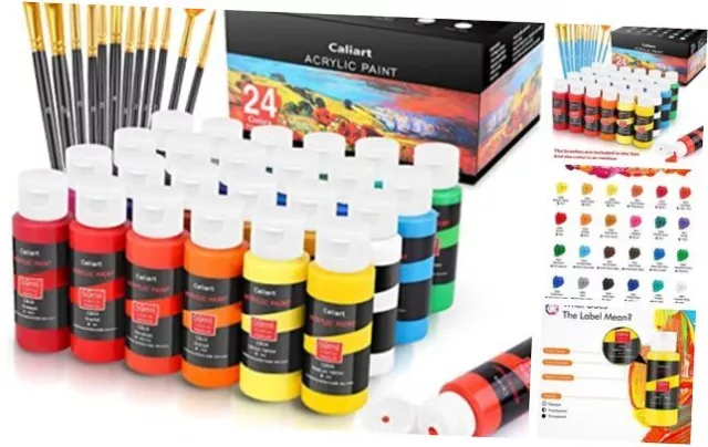 Caliart Acrylic Paint Set With 12 Brushes, 24 Colors (59ml, 2oz) Art Multicolor