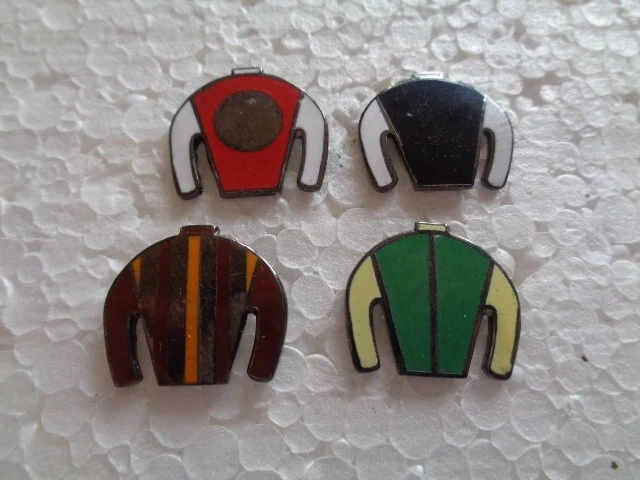 Job lot of 4 Jockey silks horseracing related metal lapel pins