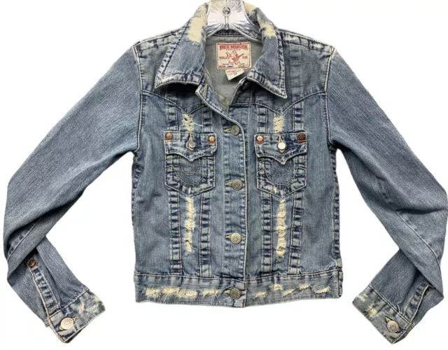 True Religion Jimmy Size XS Trucker Denim Jacket Distressed Cropped