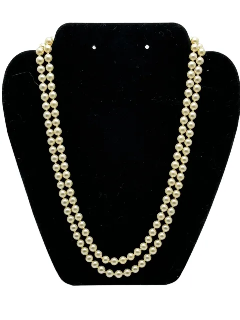 VINTAGE Double Strand Faux Pearl Necklace With Emerald And Rhinestone Box Clasp