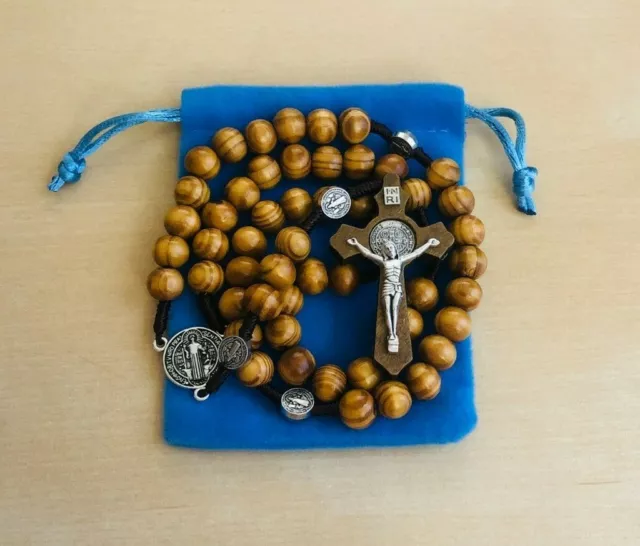 Catholic Rosary Wood Prayer Beads Crucifix Cross, Jerusalem, Blue Pouch