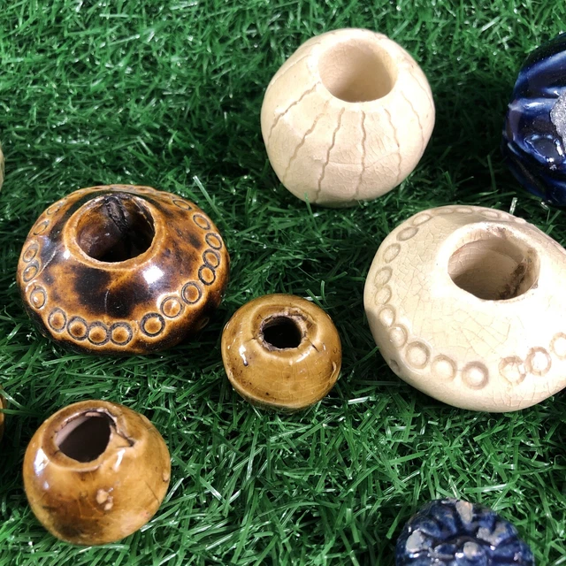 14 Vintage Handmade Ceramic Beads Boho Macrame Beads Large Glazed 4