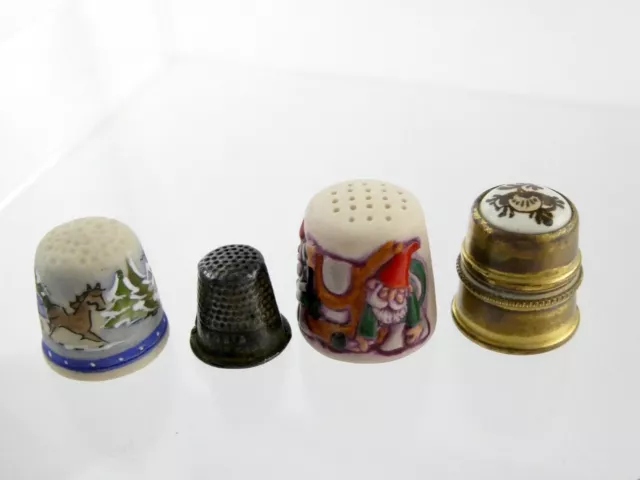 Group of 4 Vintage Thimbles Mixed Metal Ceramic Signed Thompson Gnomes