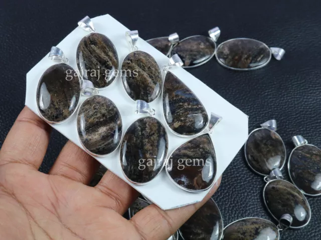 25 PCs Natural Black Dendritic Agate Gemstone 925 Sterling Silver Bezel Pendants