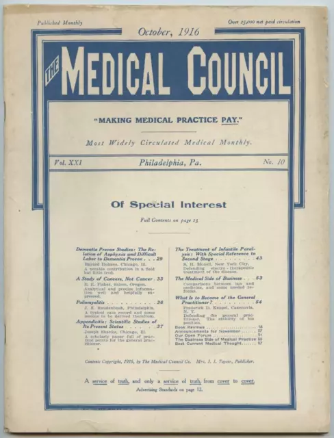 Oct. 1916 Philadelphia Medical Council Journal Medicine Doctors Trade Magazine