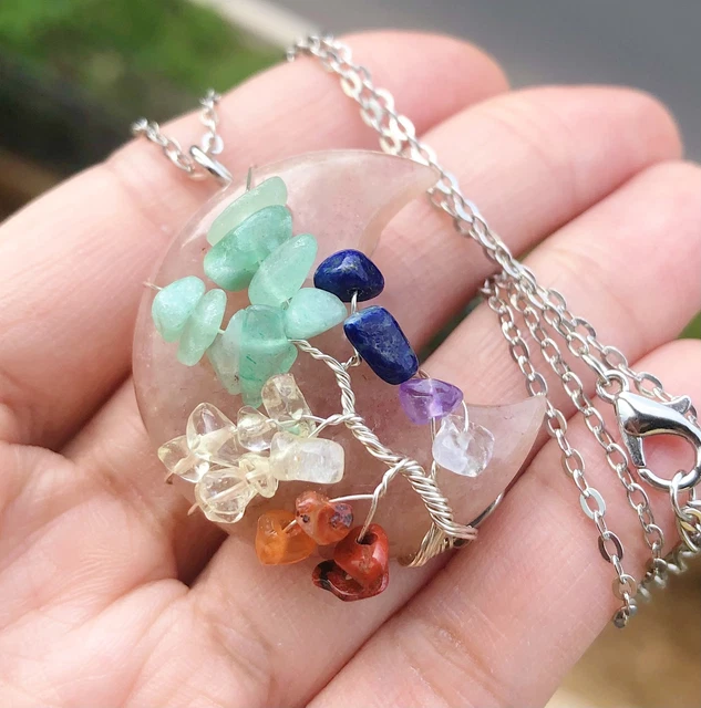Strawberry Quartz Gem Stone Tree Of Life Moon Necklace Chakra Reiki Amulet