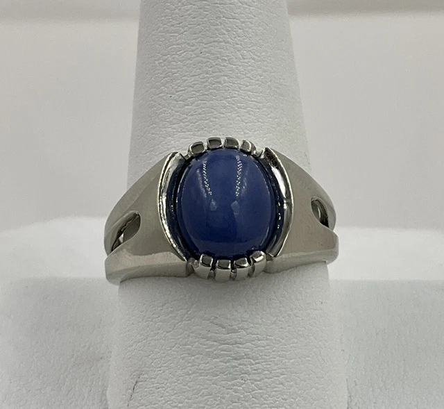 14K White Gold Blue Linde Star Sapphire Mens Ring Size 9.75