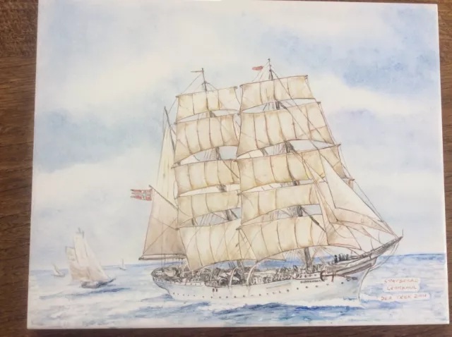 Handpainted TILE Mormon Sea Trek 2001 Statsraad Lehmkhul Commemorative Voyage