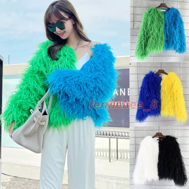 Women Splicing Faux Mongolian Lamb Fur Coat Long Hair Jacket Warm Shaggy Outwear