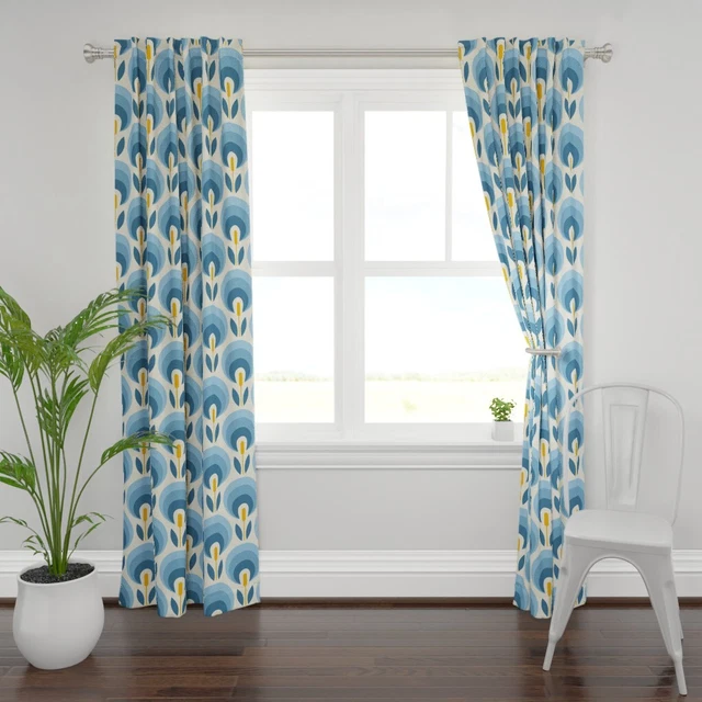 Retro Blue Flower Midcentury Vintage 50" Wide Curtain Panel by Spoonflower