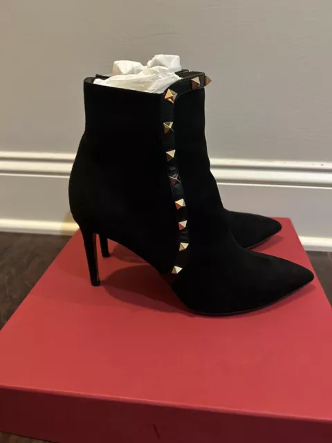 Valentino Rockstud Black Suede Point Toe Side Zip Up Ankle Boots, Women’s 39 1/2