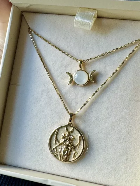 New AWE Inspired Hecate + Triple Moon Pendant 14K Gold Vermeil Necklace Set $320