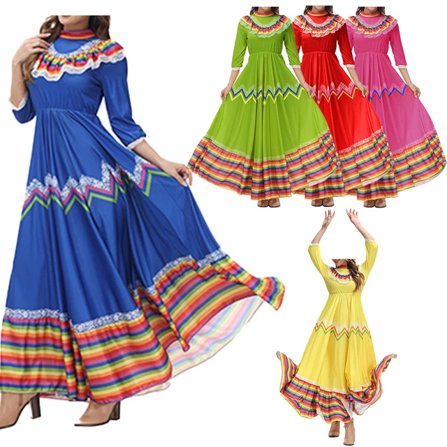 Women Mexican Dance Dress Colorful Stripe Trim 3/4 Sleeve Folklorico Dance Dress