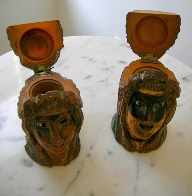 Pair Of 19Th Century Swiss Carved Masked Mardi Gras Figure Head Inkwells