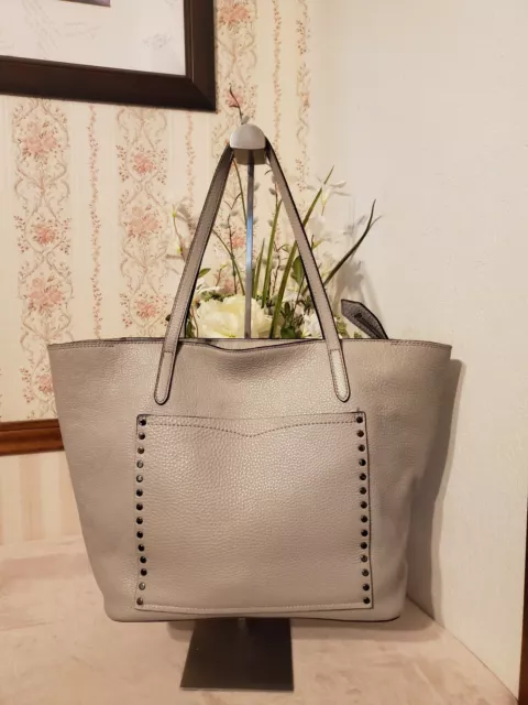 Rebecca Minkoff Large Unlined Front Pocket Studded Tote Pebbled Leather Gray