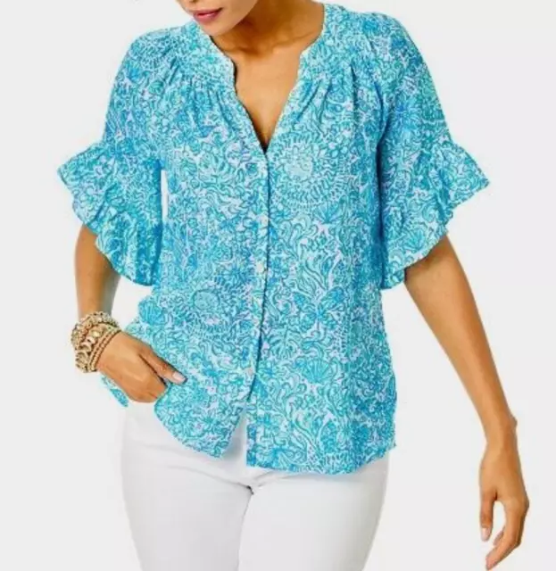 Top de lino Lilly Pulitzer Tayla Resort blanco Took Me by Sunrise talla XL