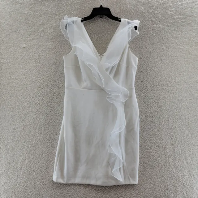 DKNY Ruffled Sheath Dress Women's 12 Ivory Solid V-Neck Sleeveless Back Zip