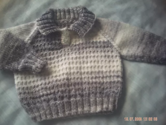 Hand Knitted Grey And White Baby Jumper Size 3-6 Months.