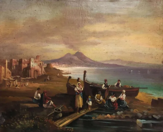 Antico Dipinto Olio Su Tela '800 Scuola Di Posillipo Veduta Del Golfo Di Napoli