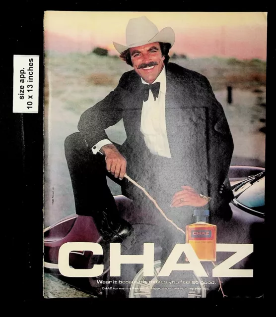1980 Chaz Cologne Tom Selleck Wear it Makes You Feel Good Vintage Print Ad 18038