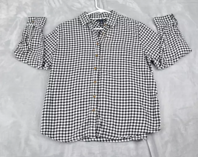 Lands End Shirt Womens 16P Black White Check Button Up Top Long Sleeve
